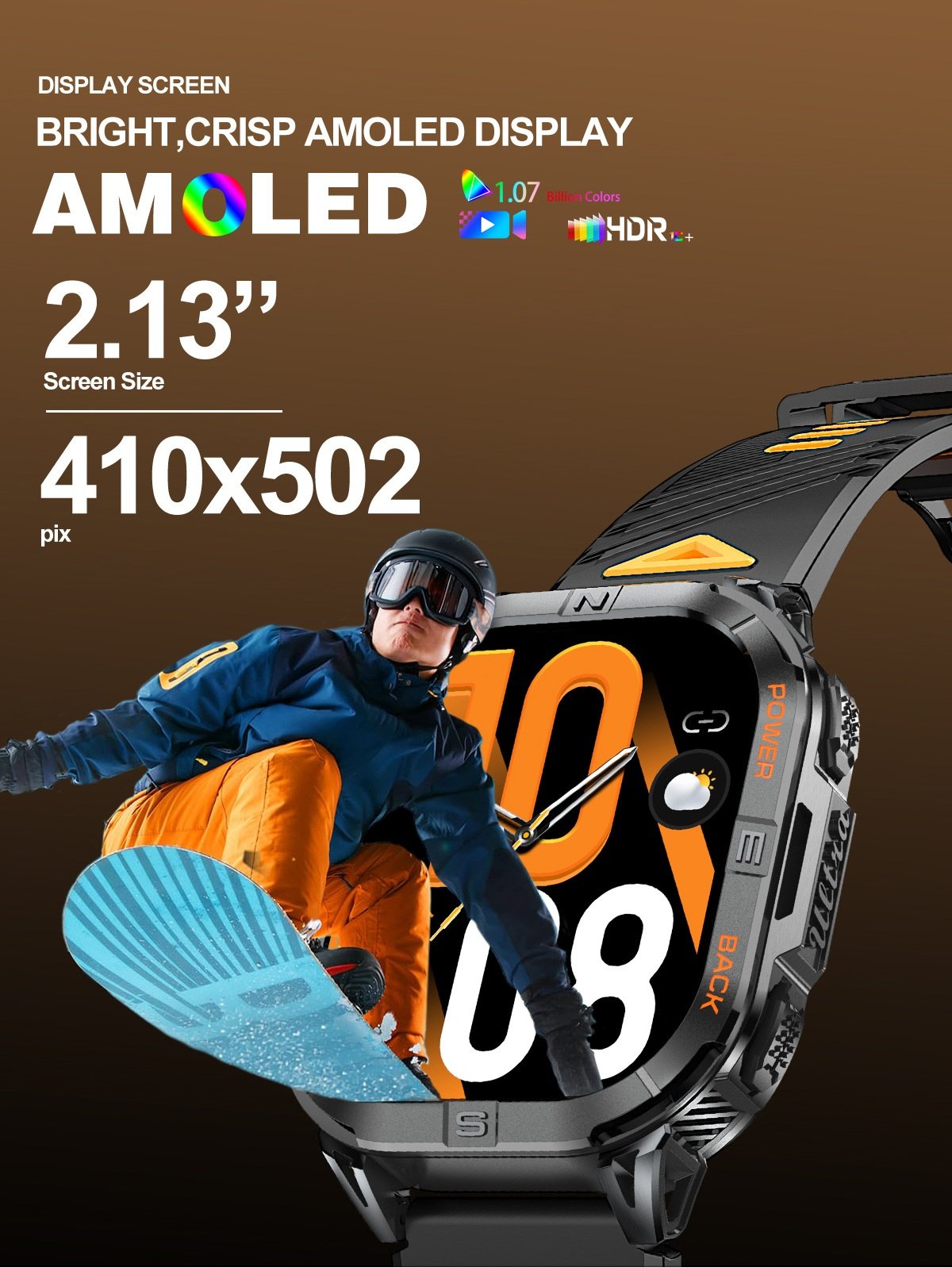 K72 Rugged GPS Sports Smart Watch with Rectangular AMOLED Display & BT Call
