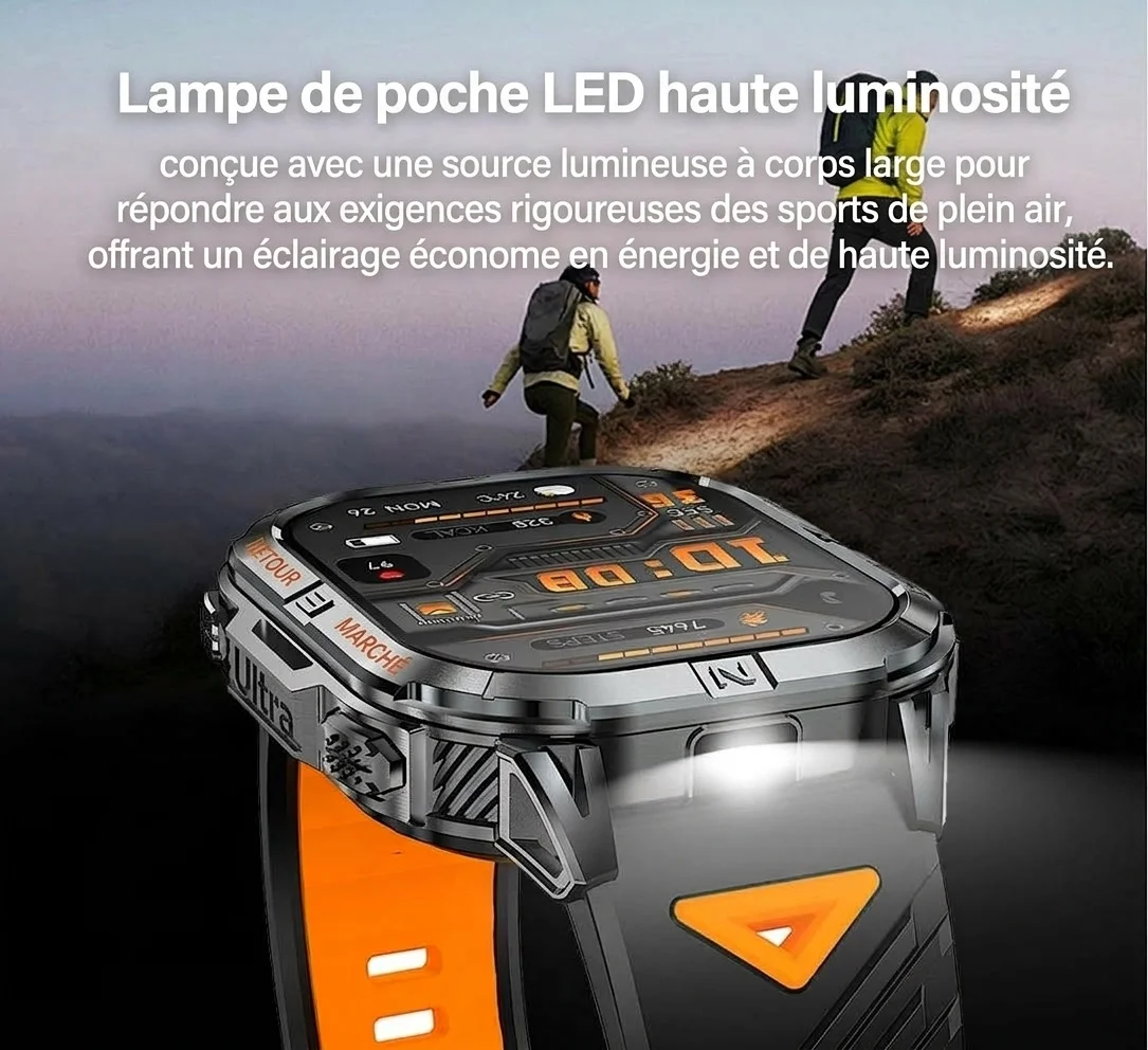 Montre connectée GPS sport robuste K72 avec écran AMOLED rectangulaire et appels Bluetooth