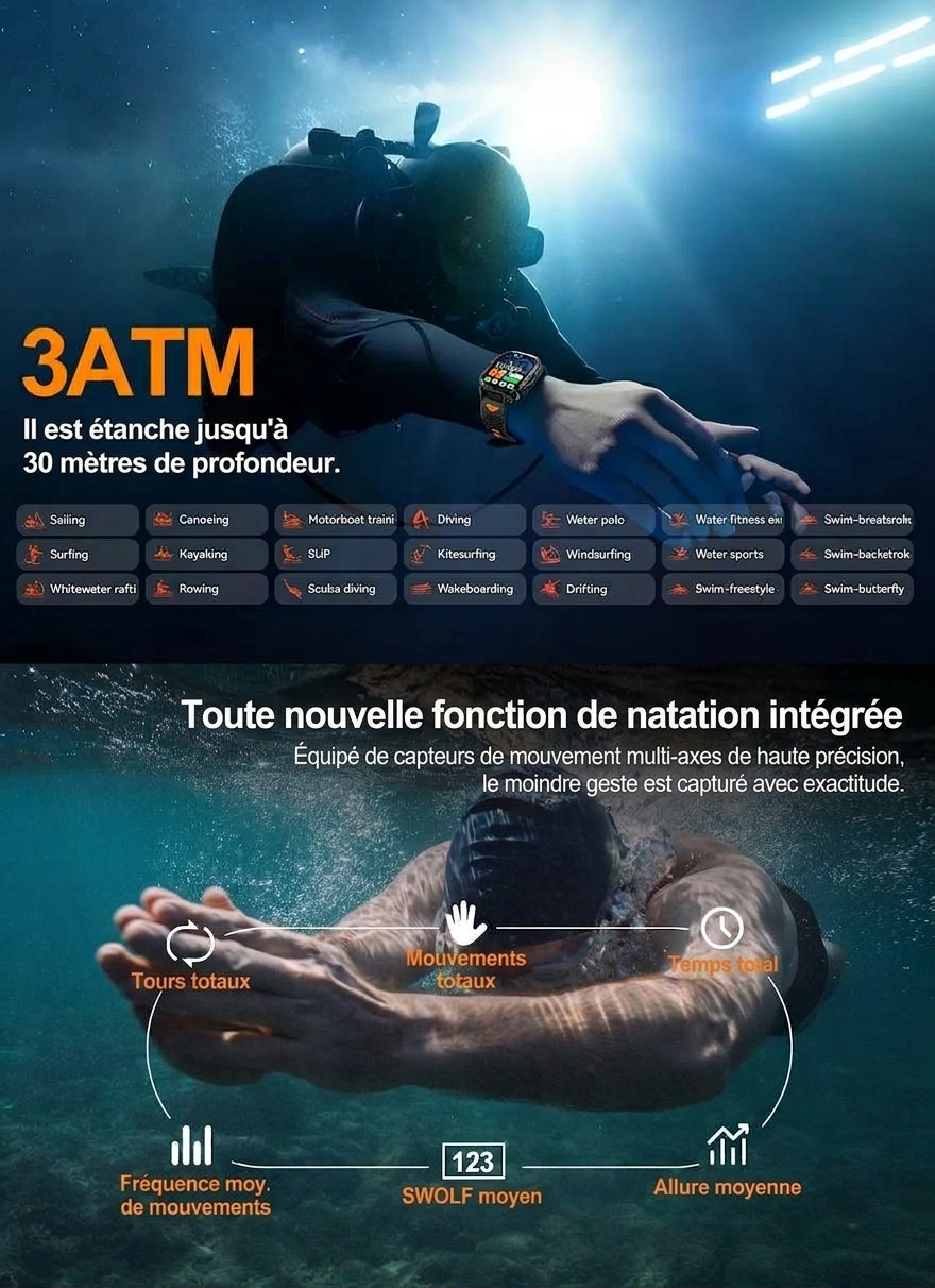 Montre connectée GPS sport robuste K72 avec écran AMOLED rectangulaire et appels Bluetooth
