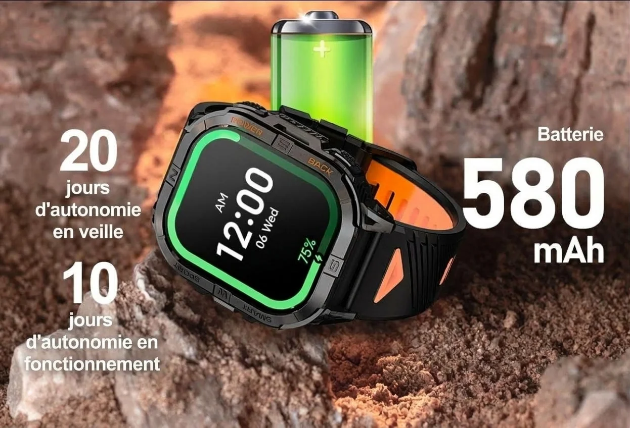 Montre connectée GPS sport robuste K72 avec écran AMOLED rectangulaire et appels Bluetooth