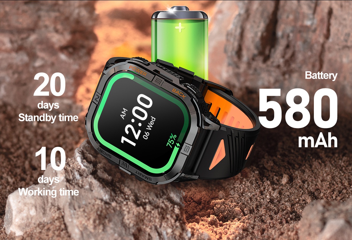 K72 Rugged GPS Sports Smart Watch with Rectangular AMOLED Display & BT Call