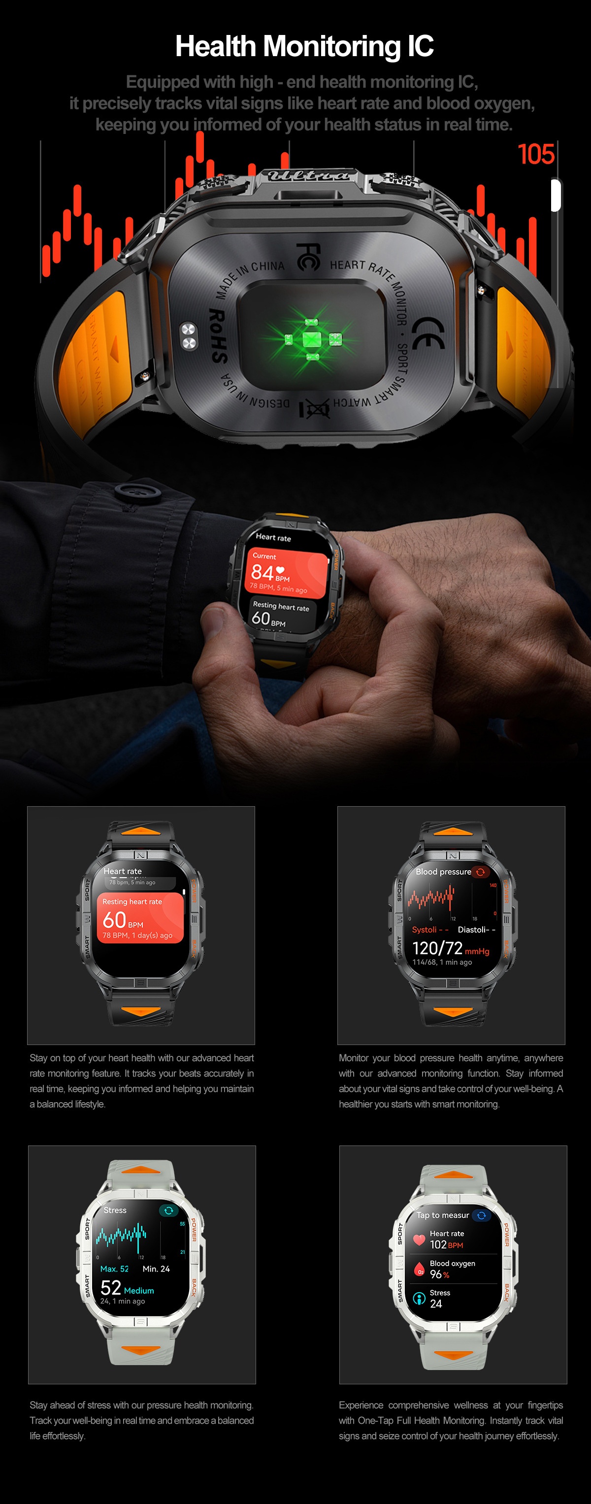 K72 Rugged GPS Sports Smart Watch with Rectangular AMOLED Display & BT Call