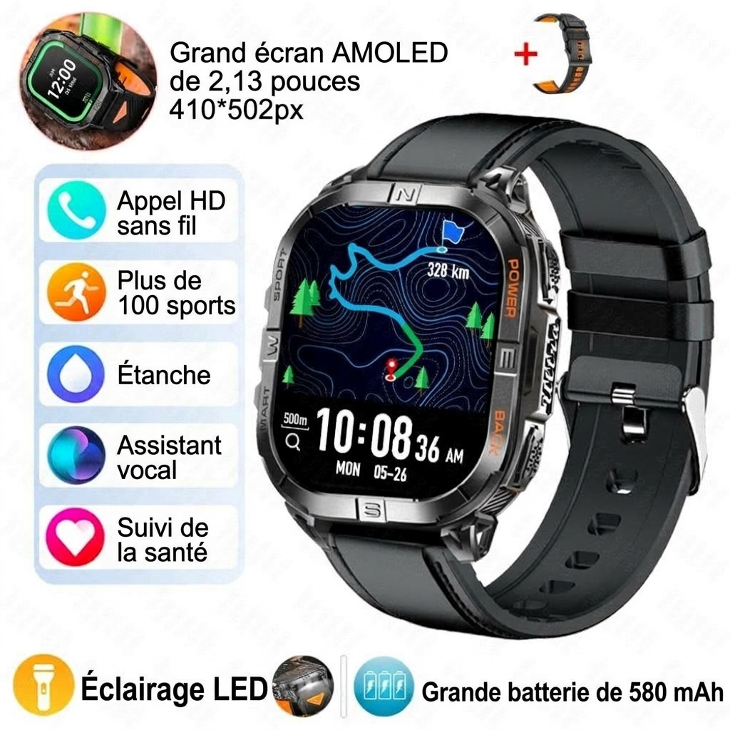 Montre connectée GPS sport robuste K72 avec écran AMOLED rectangulaire et appels Bluetooth