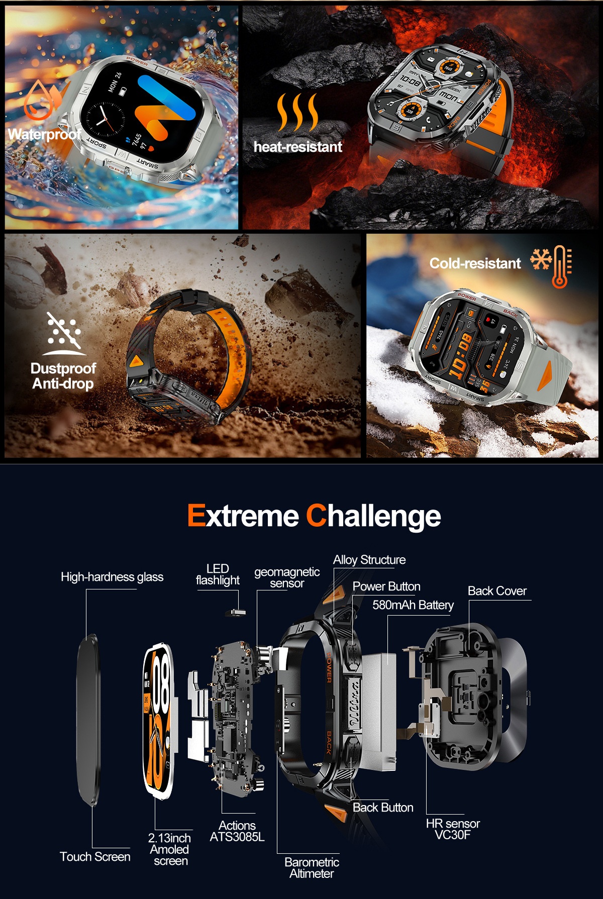K72 Rugged GPS Sports Smart Watch with Rectangular AMOLED Display & BT Call