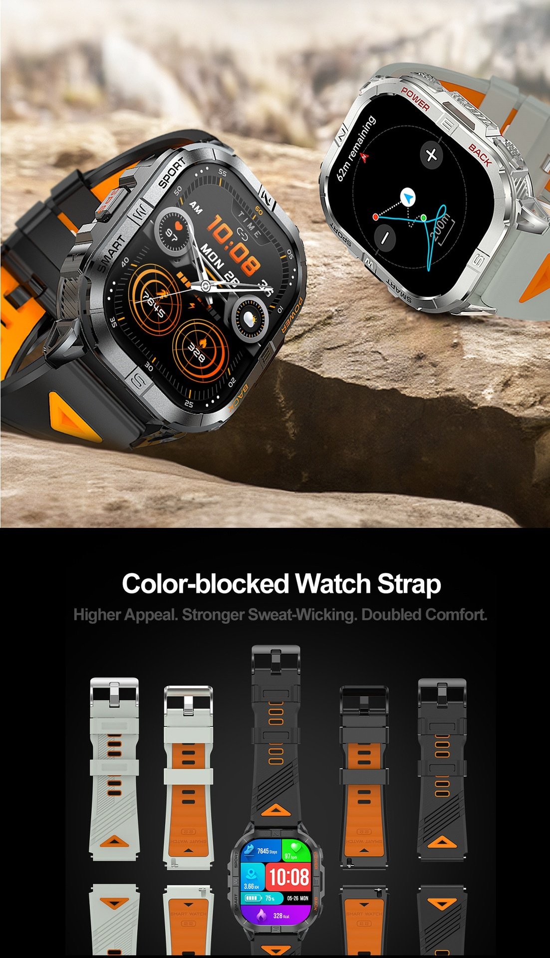 K72 Rugged GPS Sports Smart Watch with Rectangular AMOLED Display & BT Call