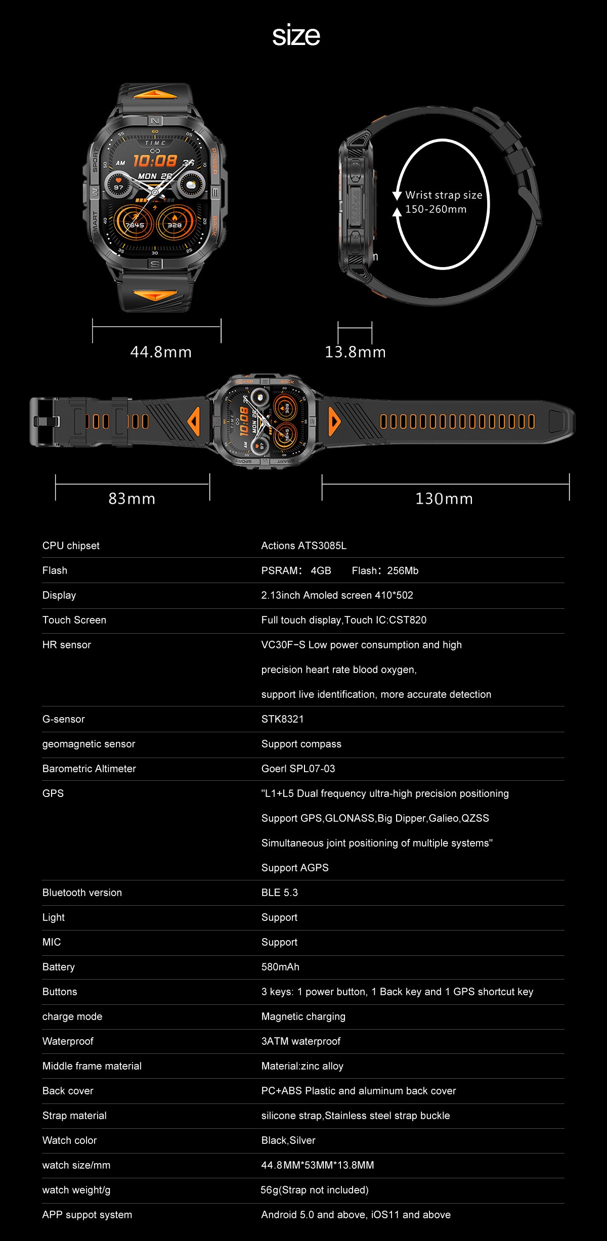 K72 Rugged GPS Sports Smart Watch with Rectangular AMOLED Display & BT Call