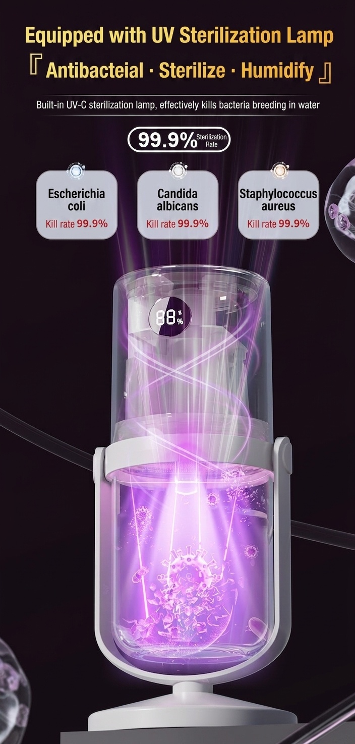 Humidificador inalámbrico esterilizador UV, difusor de nano-niebla portátil de 320 ml con batería de 1200 mAh, rotación de 360°, funcionamiento silencioso para el hogar y la oficina.
