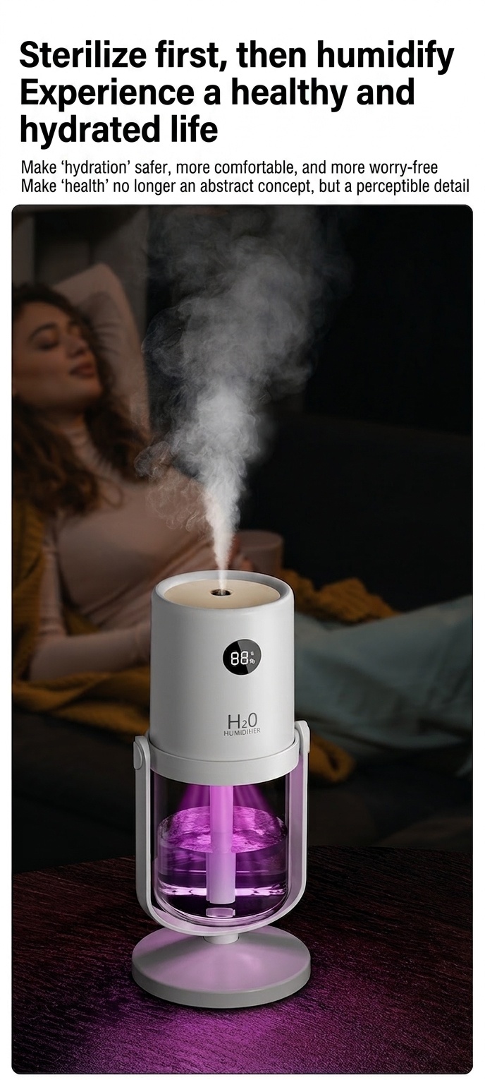 Humidificador inalámbrico esterilizador UV, difusor de nano-niebla portátil de 320 ml con batería de 1200 mAh, rotación de 360°, funcionamiento silencioso para el hogar y la oficina.