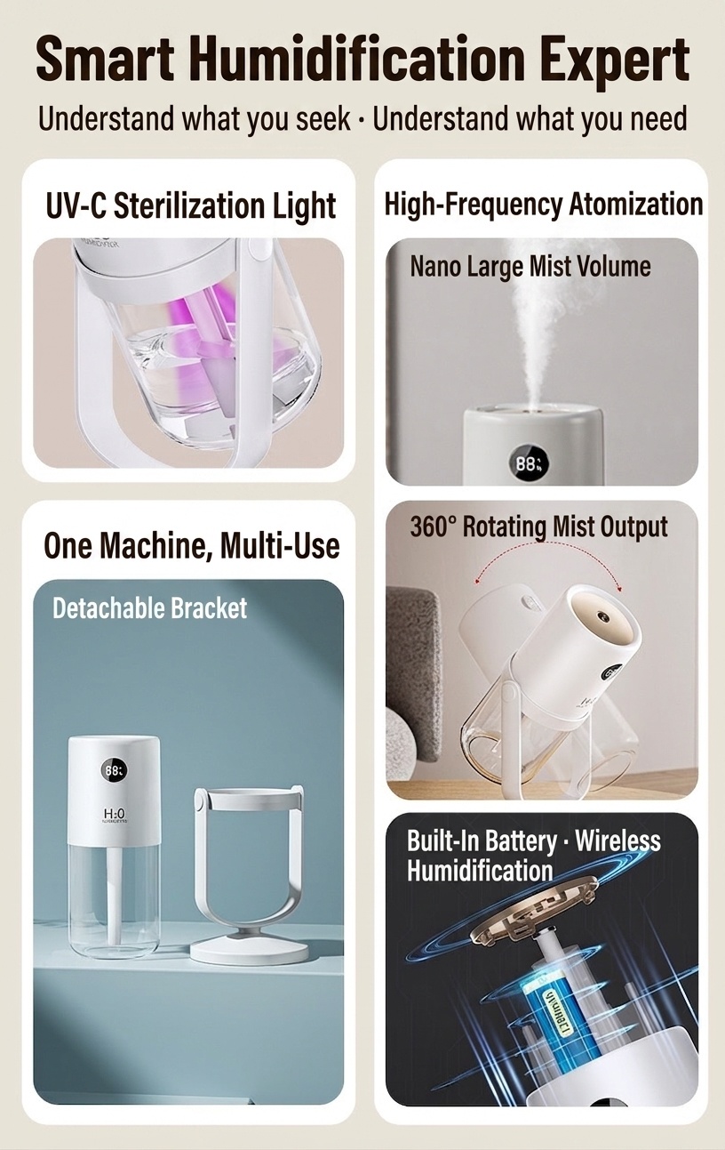 Humidificador inalámbrico esterilizador UV, difusor de nano-niebla portátil de 320 ml con batería de 1200 mAh, rotación de 360°, funcionamiento silencioso para el hogar y la oficina.