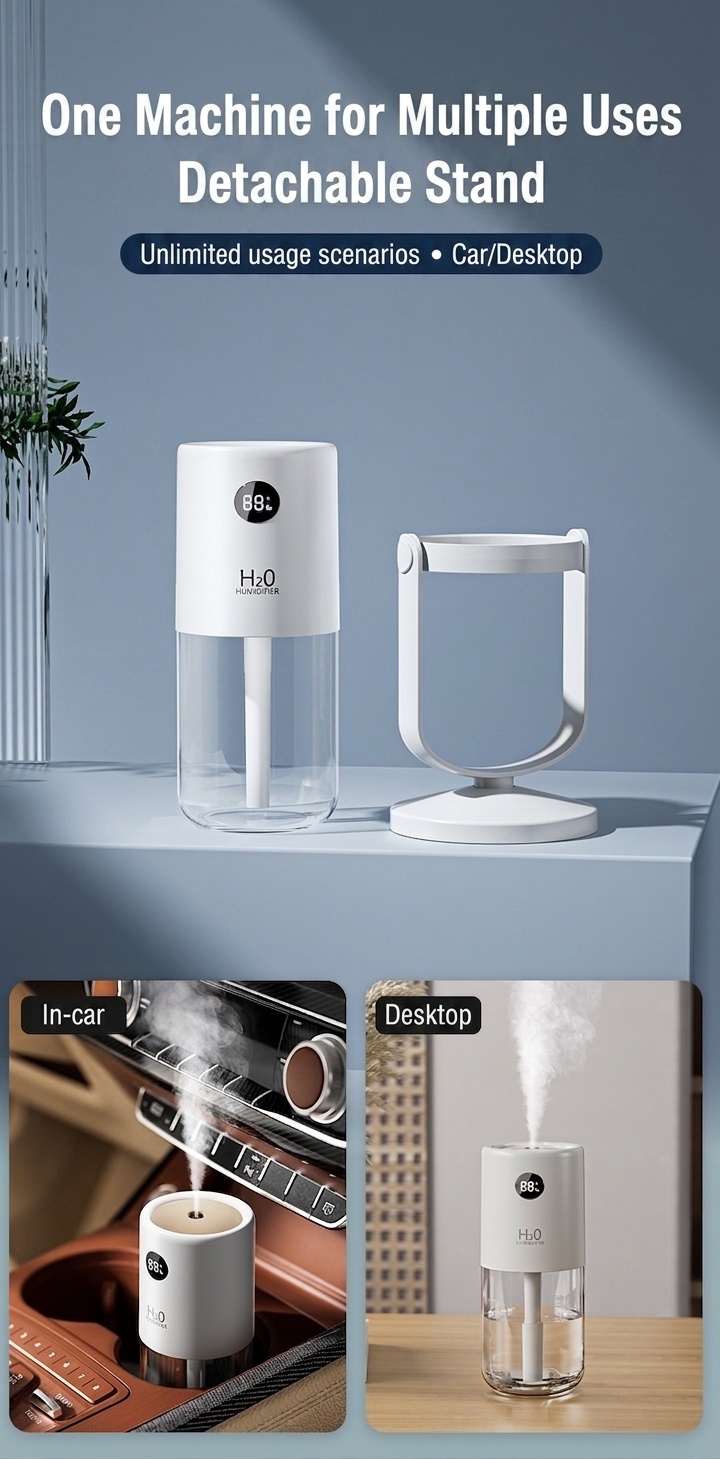 Humidificador inalámbrico esterilizador UV, difusor de nano-niebla portátil de 320 ml con batería de 1200 mAh, rotación de 360°, funcionamiento silencioso para el hogar y la oficina.