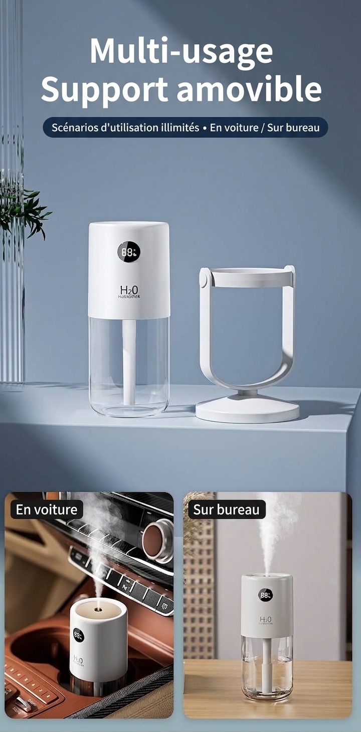 Humidificateur sans fil stérilisant UV, diffuseur de nano-brume portable de 320 ml avec batterie de 1200 mAh, rotation à 360°, fonctionnement silencieux pour la maison et le bureau