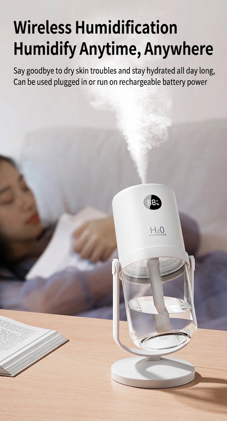 Humidificador inalámbrico esterilizador UV, difusor de nano-niebla portátil de 320 ml con batería de 1200 mAh, rotación de 360°, funcionamiento silencioso para el hogar y la oficina.