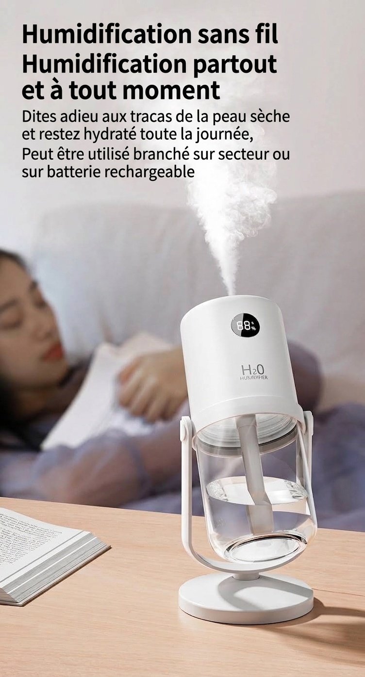 Humidificateur sans fil stérilisant UV, diffuseur de nano-brume portable de 320 ml avec batterie de 1200 mAh, rotation à 360°, fonctionnement silencieux pour la maison et le bureau