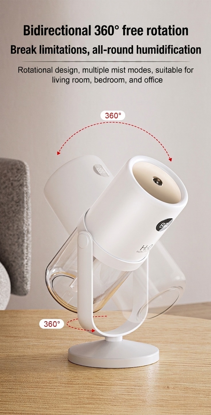 Humidificador inalámbrico esterilizador UV, difusor de nano-niebla portátil de 320 ml con batería de 1200 mAh, rotación de 360°, funcionamiento silencioso para el hogar y la oficina.