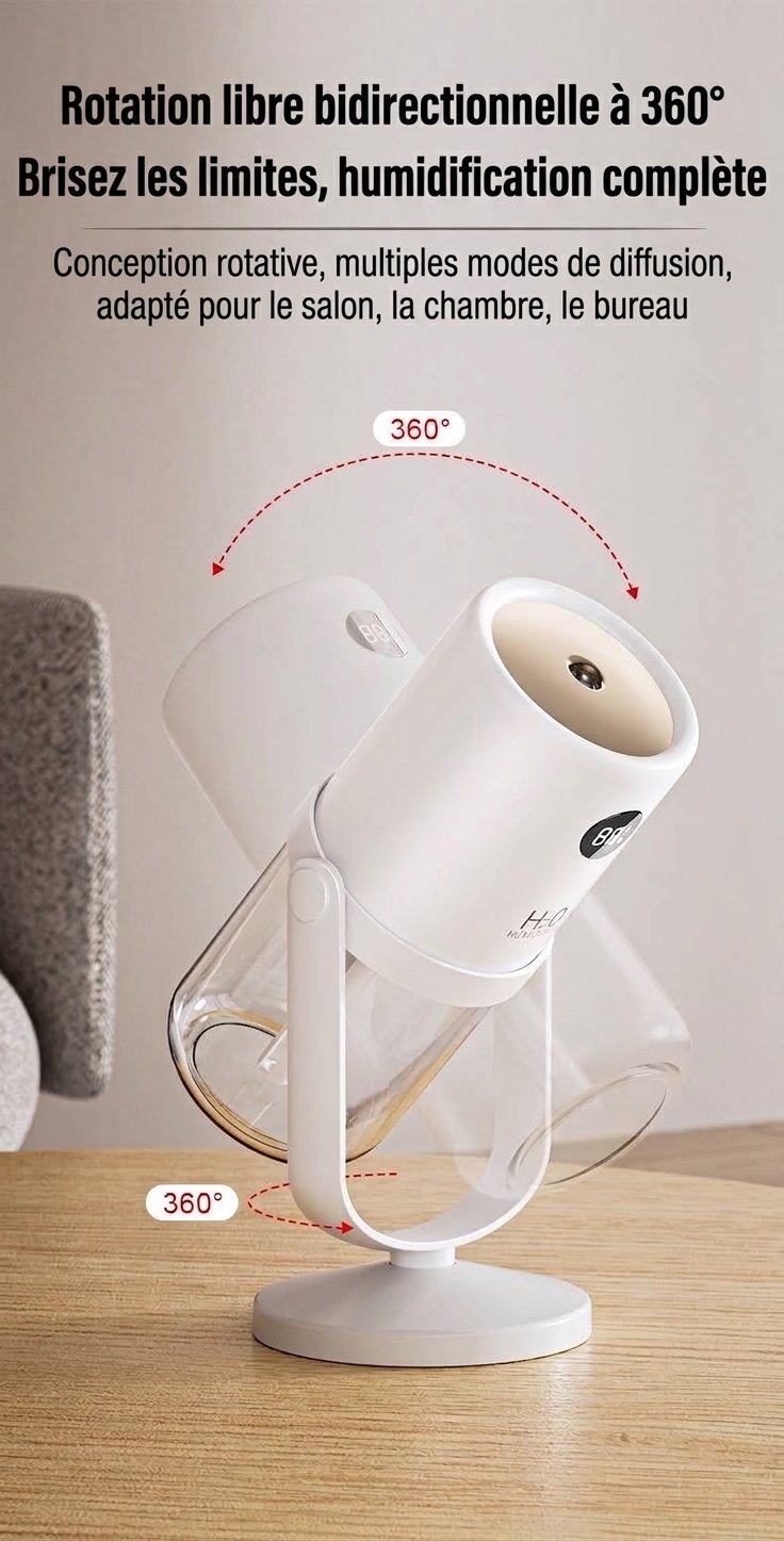 Humidificateur sans fil stérilisant UV, diffuseur de nano-brume portable de 320 ml avec batterie de 1200 mAh, rotation à 360°, fonctionnement silencieux pour la maison et le bureau