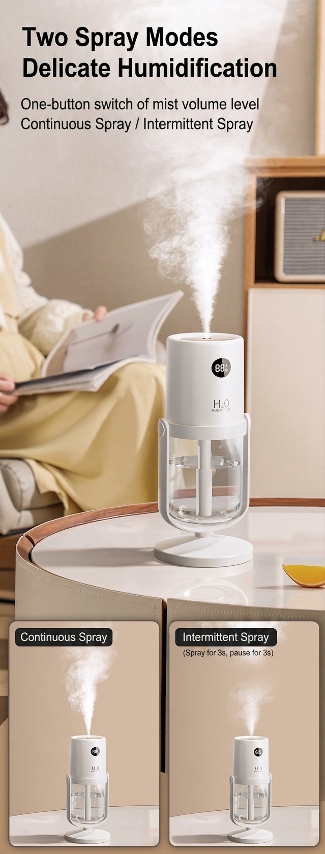 Humidificador inalámbrico esterilizador UV, difusor de nano-niebla portátil de 320 ml con batería de 1200 mAh, rotación de 360°, funcionamiento silencioso para el hogar y la oficina.