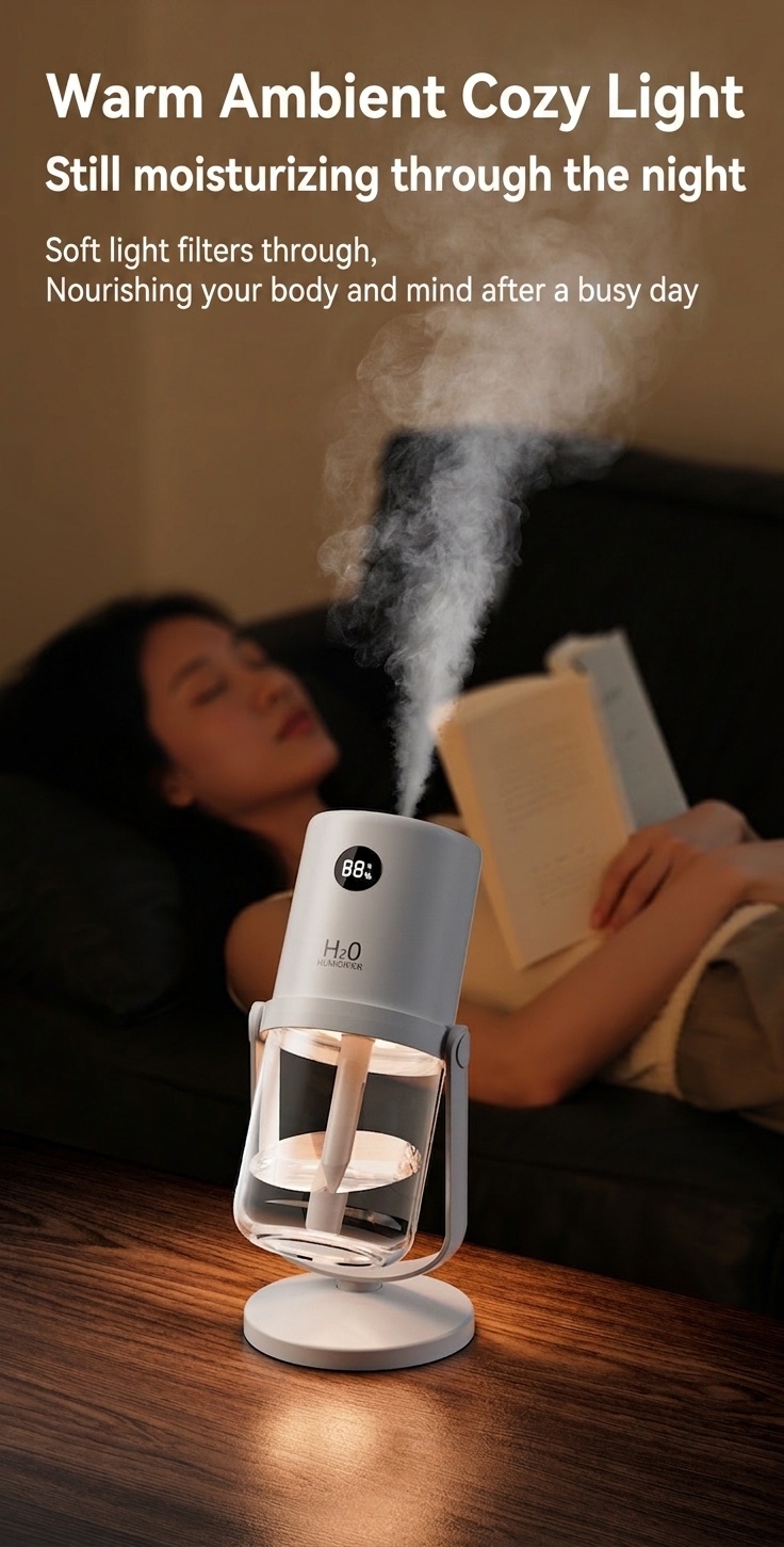 Humidificador inalámbrico esterilizador UV, difusor de nano-niebla portátil de 320 ml con batería de 1200 mAh, rotación de 360°, funcionamiento silencioso para el hogar y la oficina.