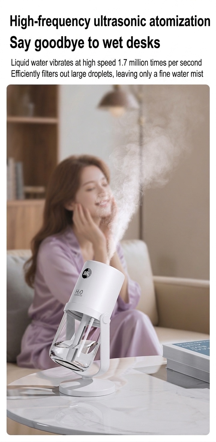 Humidificador inalámbrico esterilizador UV, difusor de nano-niebla portátil de 320 ml con batería de 1200 mAh, rotación de 360°, funcionamiento silencioso para el hogar y la oficina.