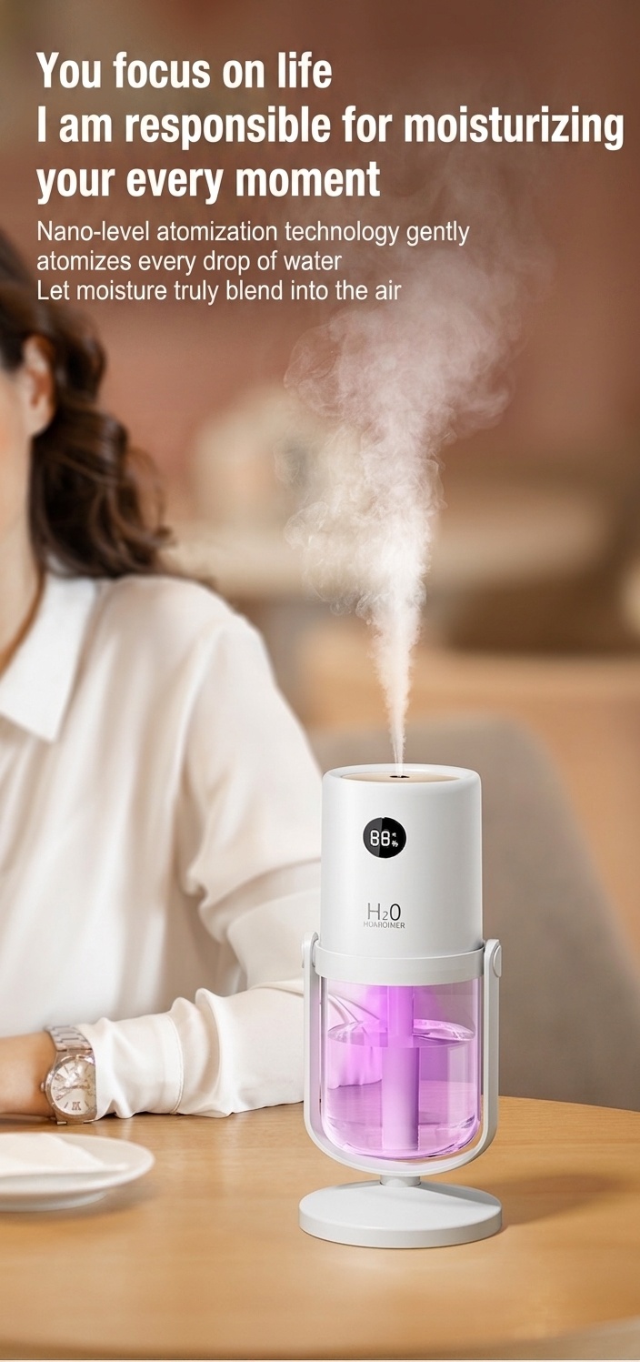 Humidificador inalámbrico esterilizador UV, difusor de nano-niebla portátil de 320 ml con batería de 1200 mAh, rotación de 360°, funcionamiento silencioso para el hogar y la oficina.