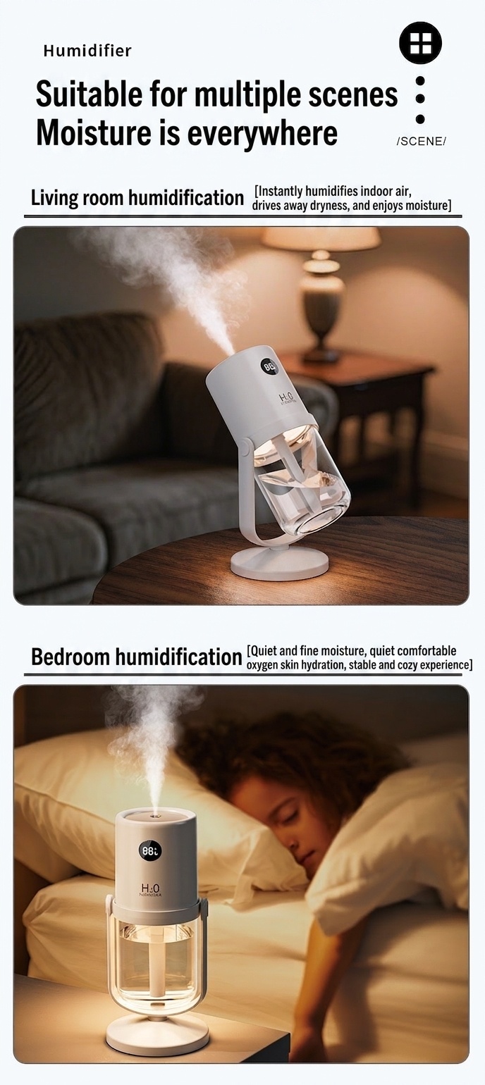 Humidificador inalámbrico esterilizador UV, difusor de nano-niebla portátil de 320 ml con batería de 1200 mAh, rotación de 360°, funcionamiento silencioso para el hogar y la oficina.