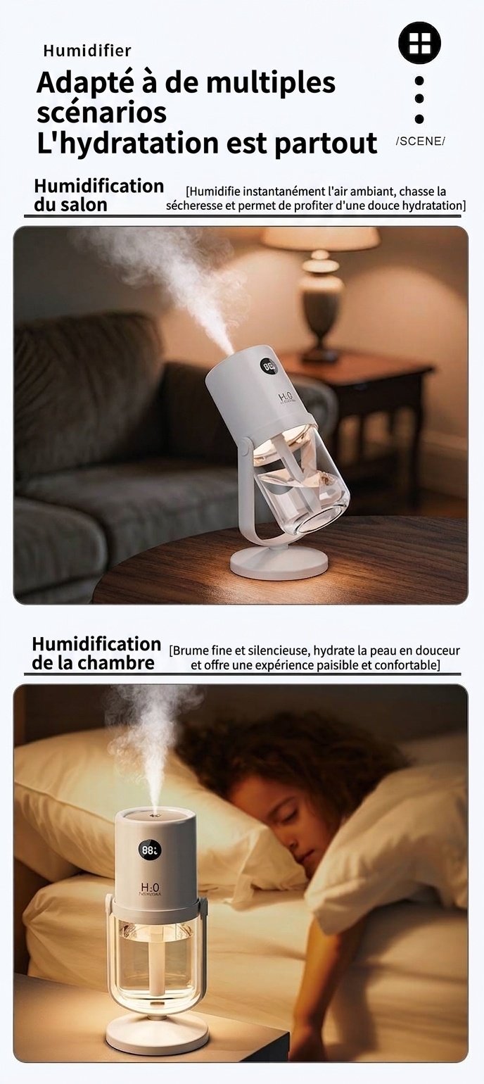 Humidificateur sans fil stérilisant UV, diffuseur de nano-brume portable de 320 ml avec batterie de 1200 mAh, rotation à 360°, fonctionnement silencieux pour la maison et le bureau