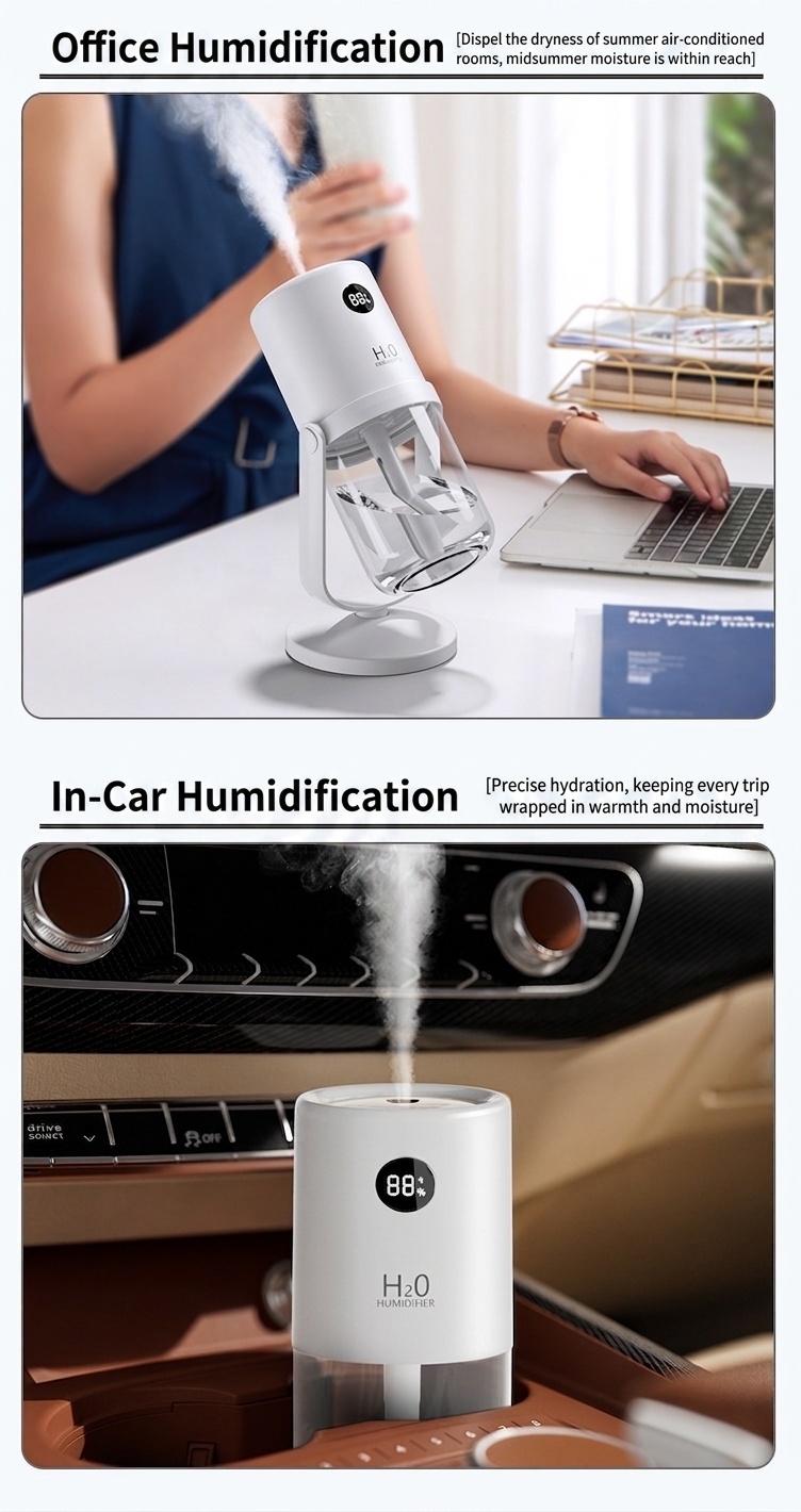 Humidificador inalámbrico esterilizador UV, difusor de nano-niebla portátil de 320 ml con batería de 1200 mAh, rotación de 360°, funcionamiento silencioso para el hogar y la oficina.