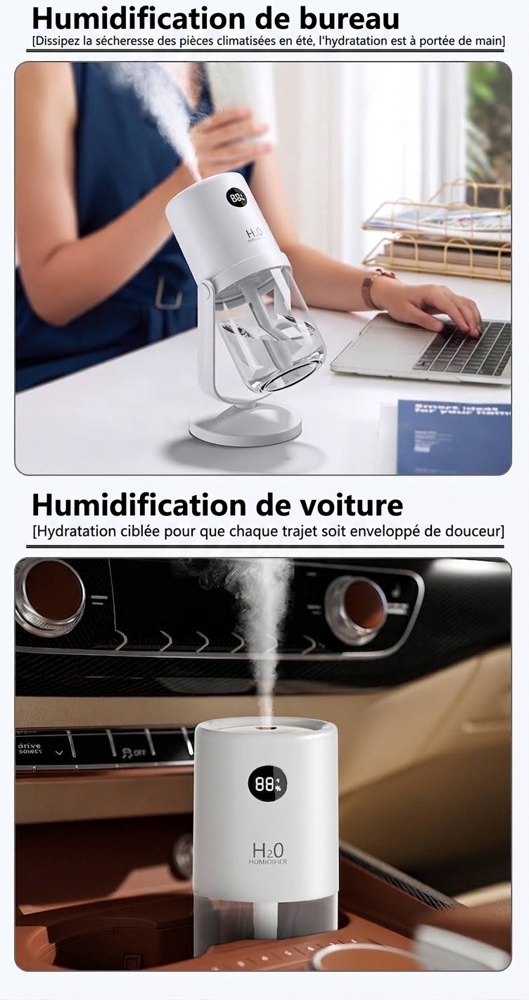 Humidificateur sans fil stérilisant UV, diffuseur de nano-brume portable de 320 ml avec batterie de 1200 mAh, rotation à 360°, fonctionnement silencieux pour la maison et le bureau
