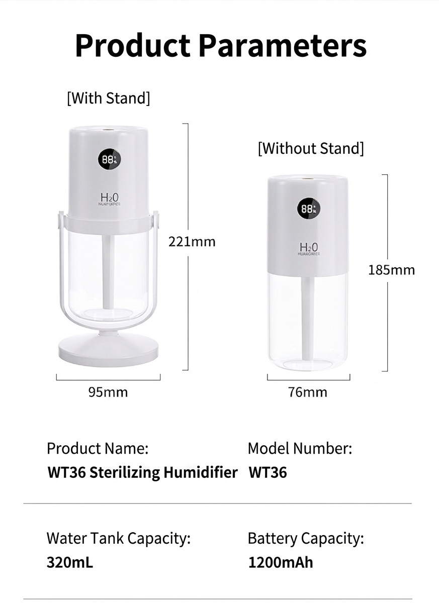 Humidificador inalámbrico esterilizador UV, difusor de nano-niebla portátil de 320 ml con batería de 1200 mAh, rotación de 360°, funcionamiento silencioso para el hogar y la oficina.