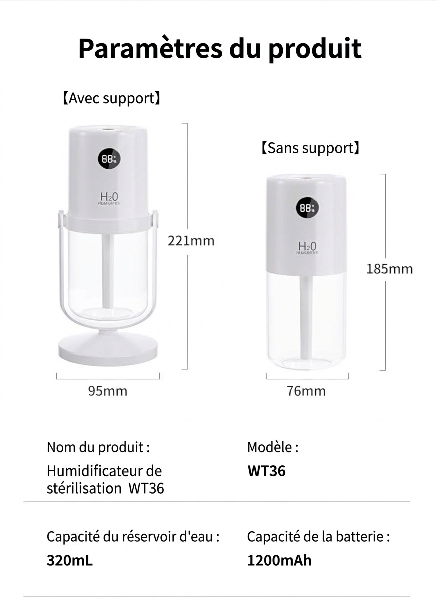 Humidificateur sans fil stérilisant UV, diffuseur de nano-brume portable de 320 ml avec batterie de 1200 mAh, rotation à 360°, fonctionnement silencieux pour la maison et le bureau