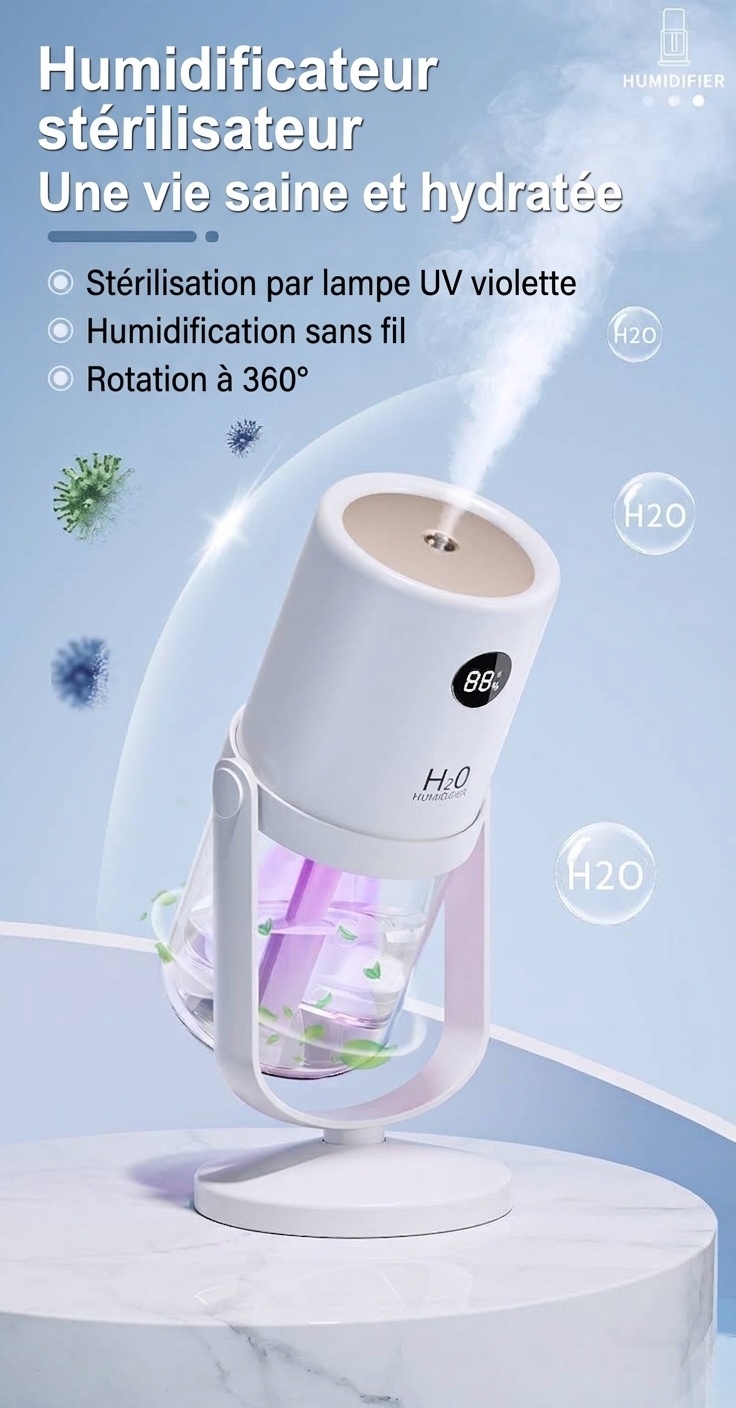 Humidificateur sans fil stérilisant UV, diffuseur de nano-brume portable de 320 ml avec batterie de 1200 mAh, rotation à 360°, fonctionnement silencieux pour la maison et le bureau