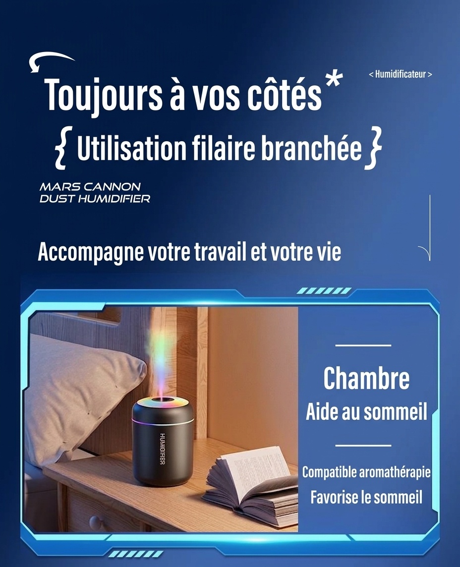 Mini humidificateur USB portable, diffuseur d'huiles essentielles 180 ml avec veilleuse RGB 7 couleurs, brumisation fine et silencieuse pour voiture, maison, bureau et voyage