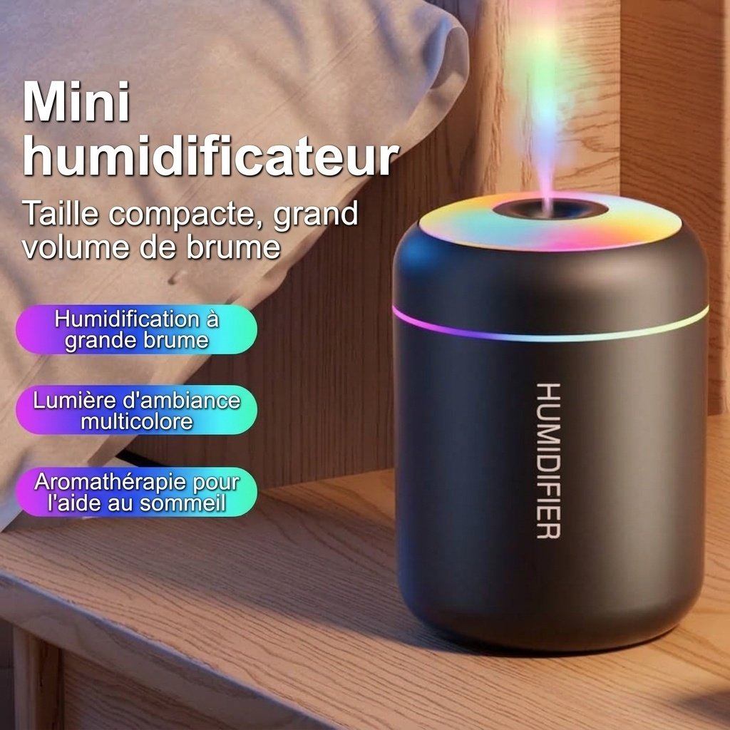 Mini humidificateur USB portable, diffuseur d'huiles essentielles 180 ml avec veilleuse RGB 7 couleurs, brumisation fine et silencieuse pour voiture, maison, bureau et voyage