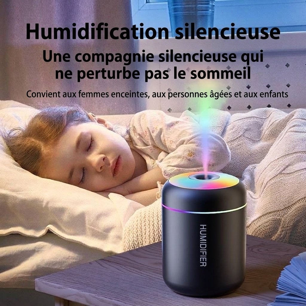 Mini humidificateur USB portable, diffuseur d'huiles essentielles 180 ml avec veilleuse RGB 7 couleurs, brumisation fine et silencieuse pour voiture, maison, bureau et voyage