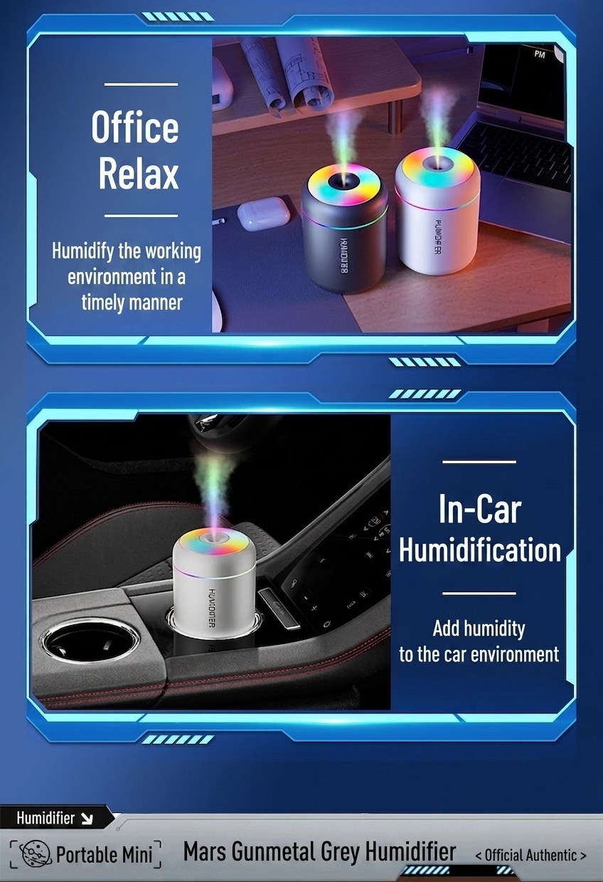 Humidificador USB mini portátil, difusor de aceites esenciales de 180 ml con luz nocturna RGB de 7 colores, niebla fina y silenciosa para coche, hogar, oficina y viajes.