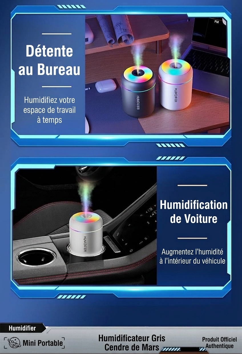 Mini humidificateur USB portable, diffuseur d'huiles essentielles 180 ml avec veilleuse RGB 7 couleurs, brumisation fine et silencieuse pour voiture, maison, bureau et voyage
