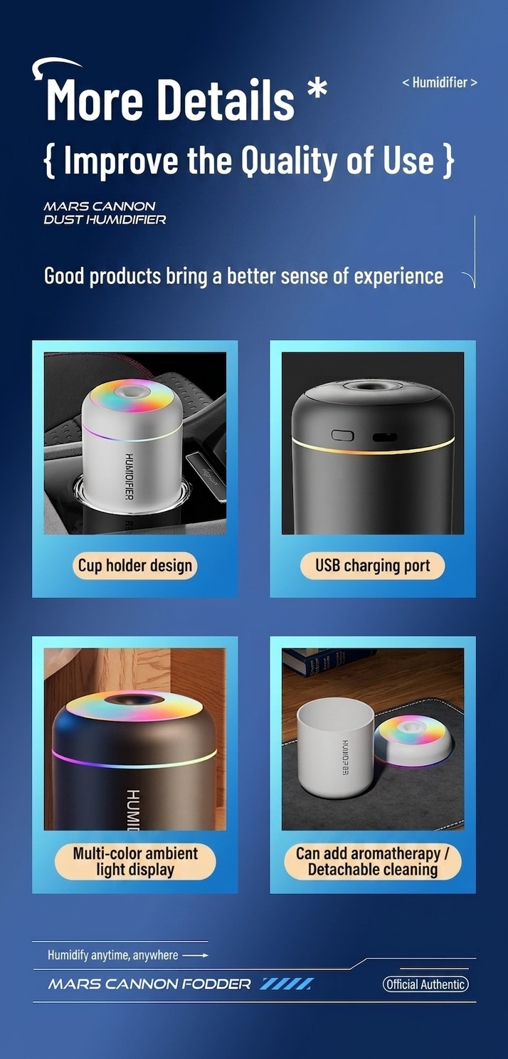 Humidificador USB mini portátil, difusor de aceites esenciales de 180 ml con luz nocturna RGB de 7 colores, niebla fina y silenciosa para coche, hogar, oficina y viajes.