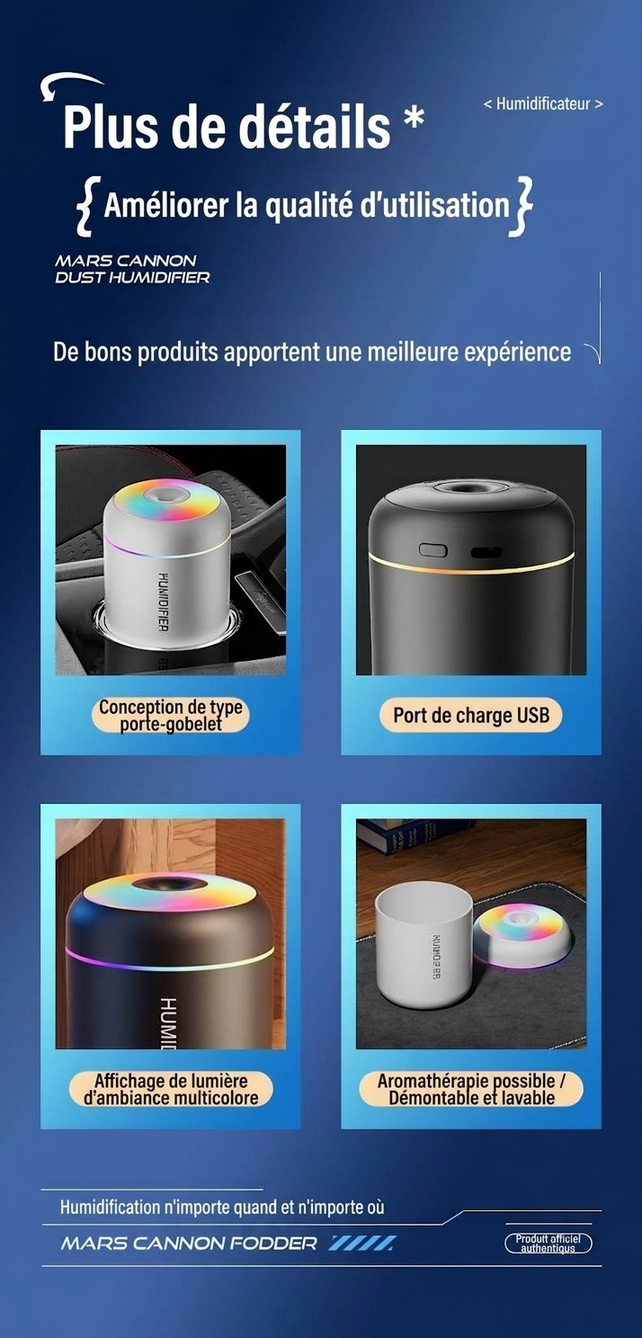 Mini humidificateur USB portable, diffuseur d'huiles essentielles 180 ml avec veilleuse RGB 7 couleurs, brumisation fine et silencieuse pour voiture, maison, bureau et voyage