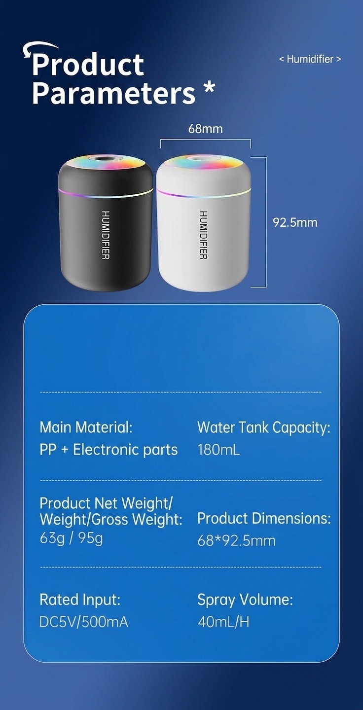 Humidificador USB mini portátil, difusor de aceites esenciales de 180 ml con luz nocturna RGB de 7 colores, niebla fina y silenciosa para coche, hogar, oficina y viajes.