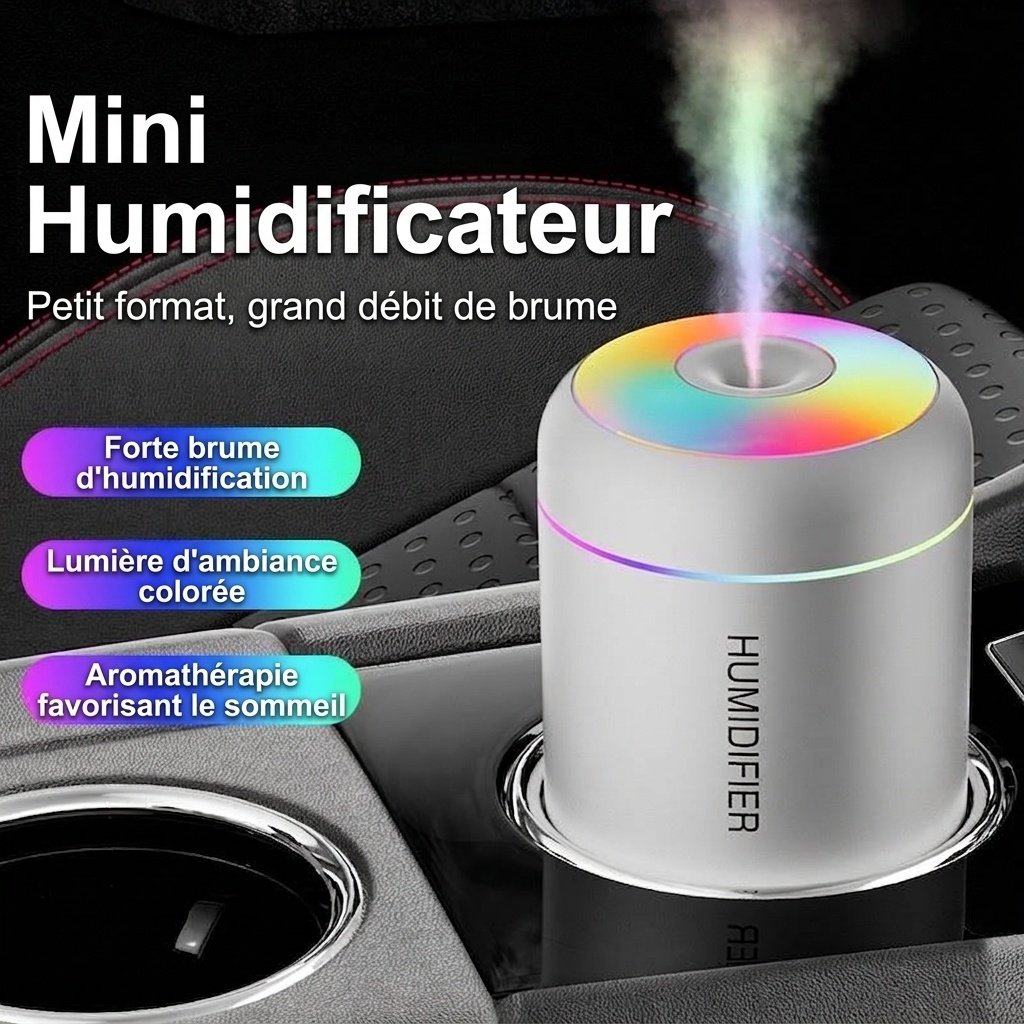 Mini humidificateur USB portable, diffuseur d'huiles essentielles 180 ml avec veilleuse RGB 7 couleurs, brumisation fine et silencieuse pour voiture, maison, bureau et voyage