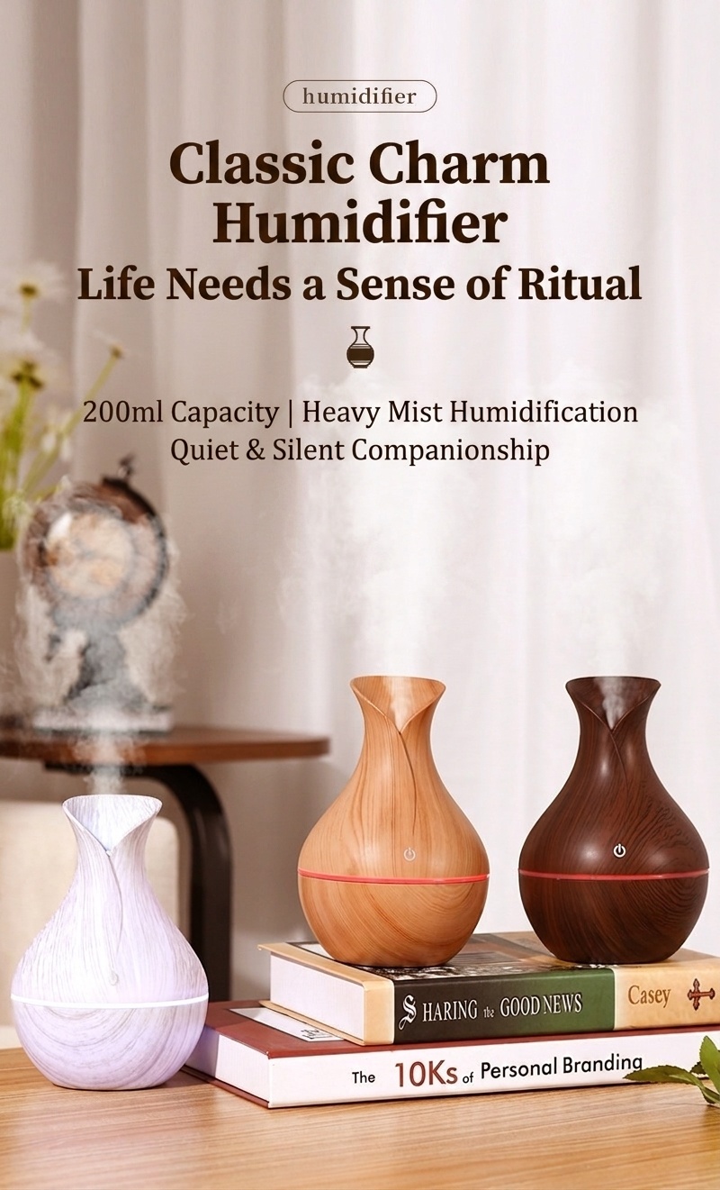 Humidificador portátil USB mini tipo jarrón, humidificador de escritorio silencioso con acabado de madera y luz ambiental LED de 7 colores para dormitorios, habitaciones y oficinas.