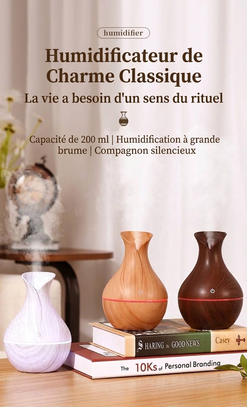 Humidificateur portable USB mini vase, humidificateur de bureau silencieux aspect bois avec lumière d'ambiance LED 7 couleurs pour dortoir, chambre et bureau