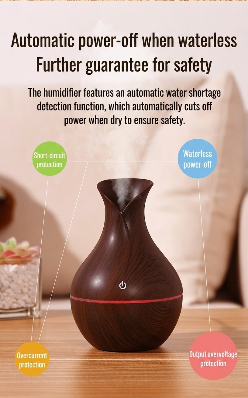 Humidificador portátil USB mini tipo jarrón, humidificador de escritorio silencioso con acabado de madera y luz ambiental LED de 7 colores para dormitorios, habitaciones y oficinas.