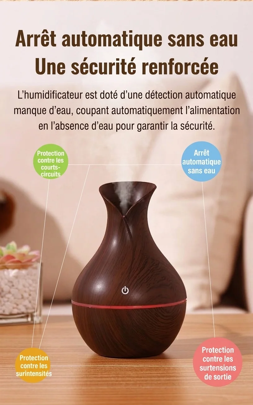 Humidificateur portable USB mini vase, humidificateur de bureau silencieux aspect bois avec lumière d'ambiance LED 7 couleurs pour dortoir, chambre et bureau