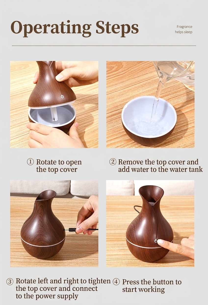 Humidificador portátil USB mini tipo jarrón, humidificador de escritorio silencioso con acabado de madera y luz ambiental LED de 7 colores para dormitorios, habitaciones y oficinas.