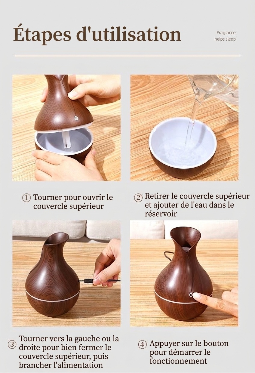 Humidificateur portable USB mini vase, humidificateur de bureau silencieux aspect bois avec lumière d'ambiance LED 7 couleurs pour dortoir, chambre et bureau