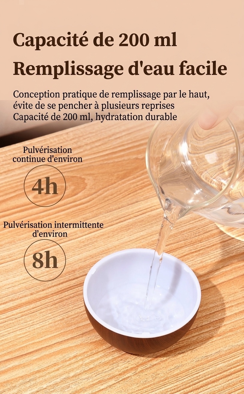 Humidificateur portable USB mini vase, humidificateur de bureau silencieux aspect bois avec lumière d'ambiance LED 7 couleurs pour dortoir, chambre et bureau