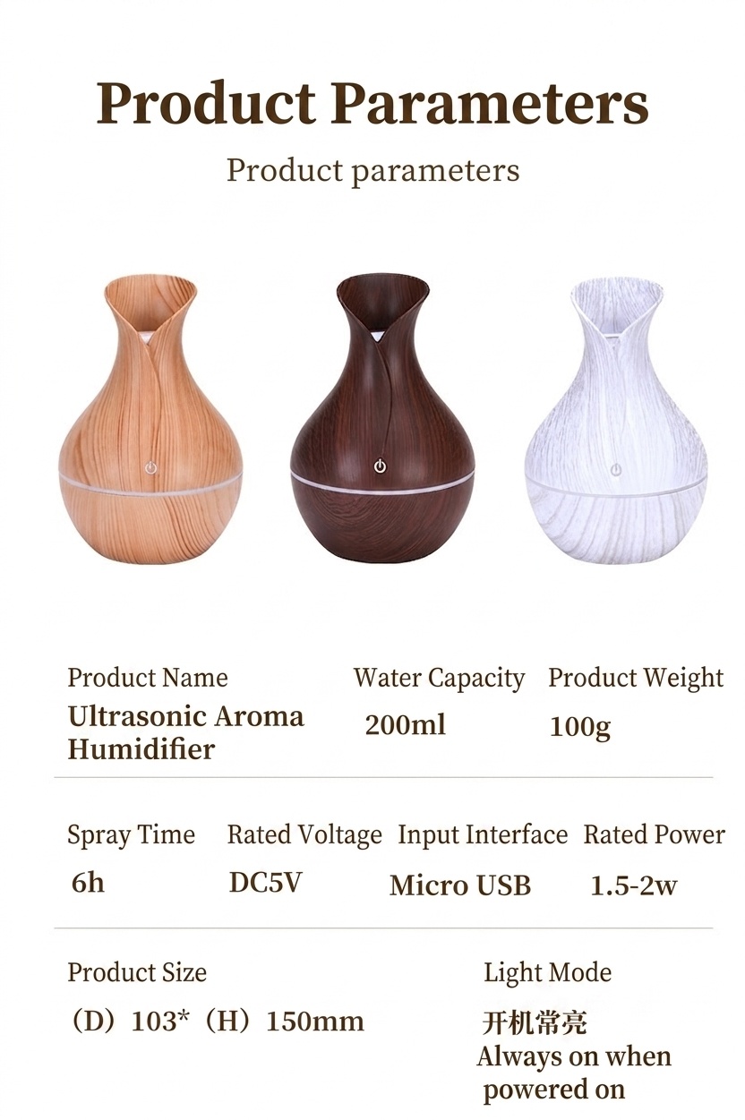 Humidificador portátil USB mini tipo jarrón, humidificador de escritorio silencioso con acabado de madera y luz ambiental LED de 7 colores para dormitorios, habitaciones y oficinas.
