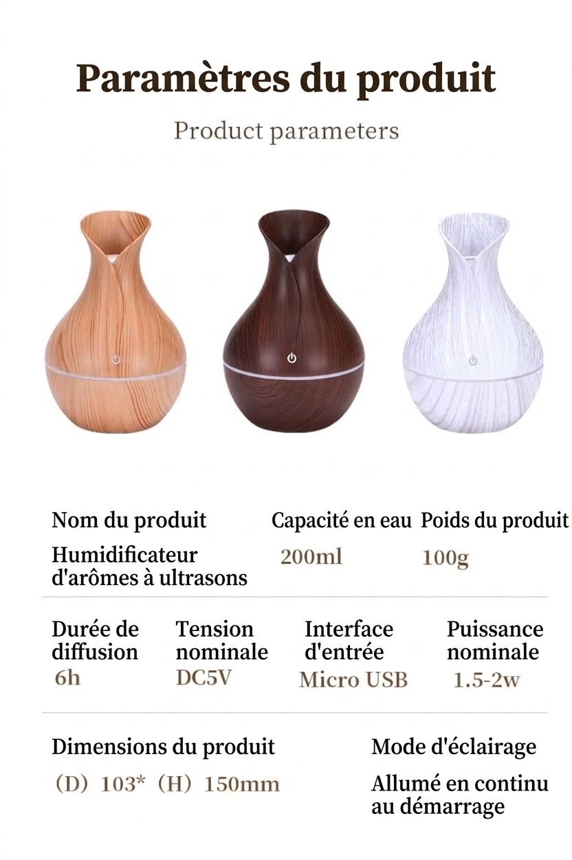 Humidificateur portable USB mini vase, humidificateur de bureau silencieux aspect bois avec lumière d'ambiance LED 7 couleurs pour dortoir, chambre et bureau