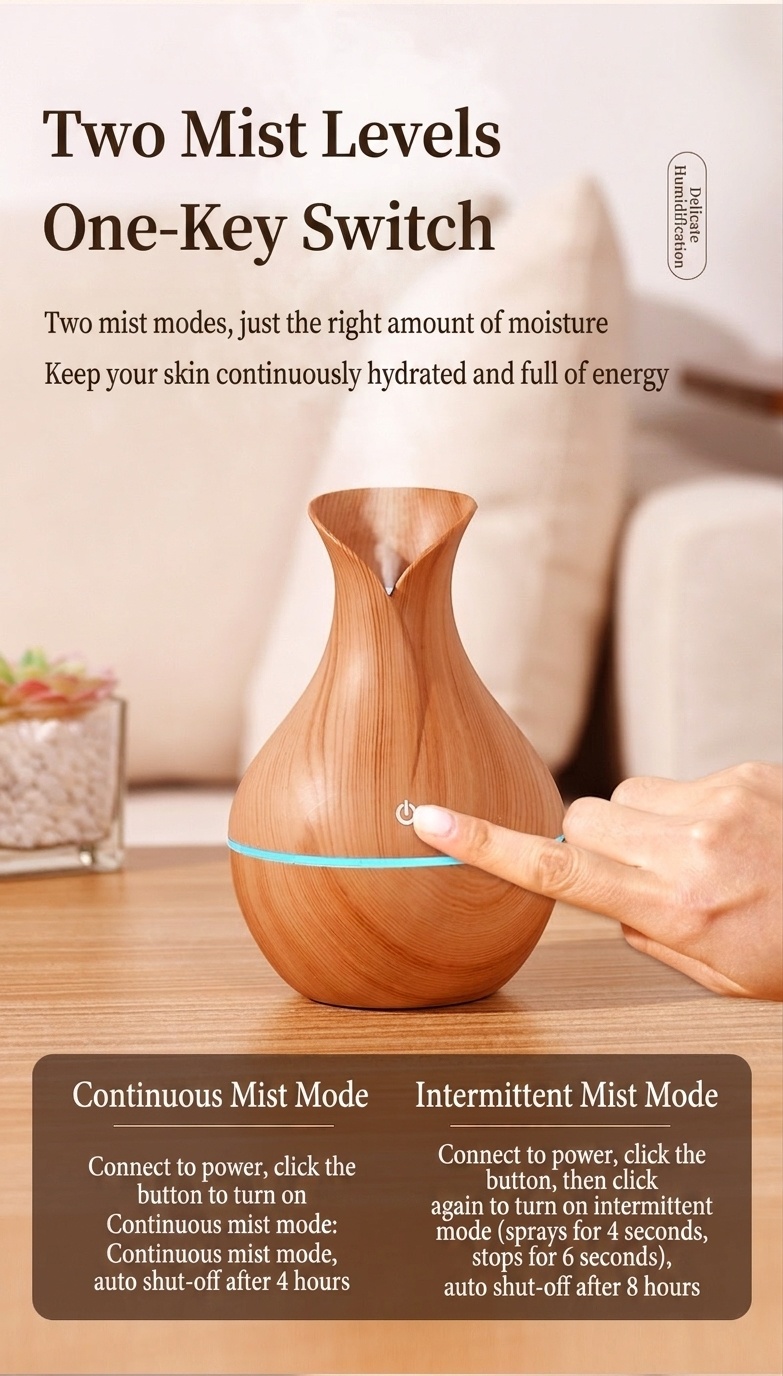 Humidificador portátil USB mini tipo jarrón, humidificador de escritorio silencioso con acabado de madera y luz ambiental LED de 7 colores para dormitorios, habitaciones y oficinas.
