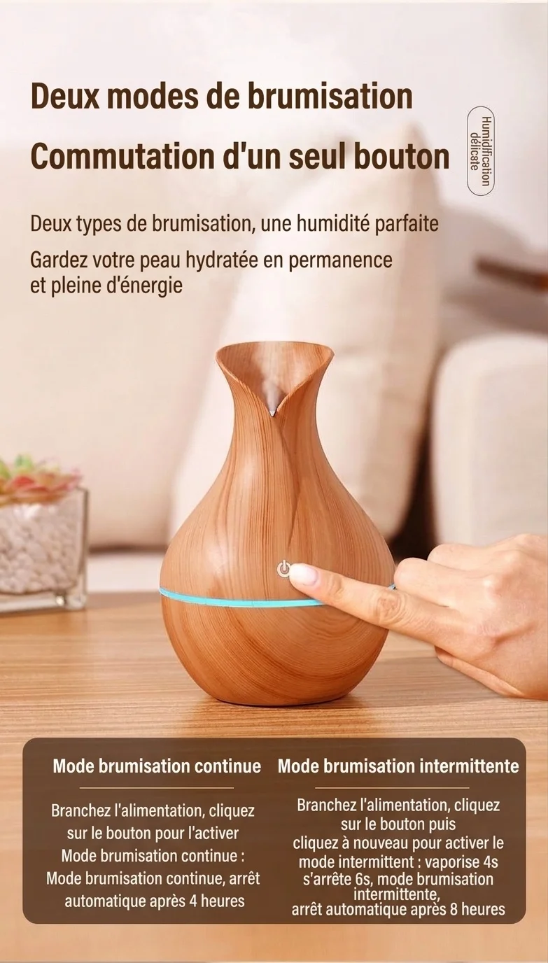 Humidificateur portable USB mini vase, humidificateur de bureau silencieux aspect bois avec lumière d'ambiance LED 7 couleurs pour dortoir, chambre et bureau